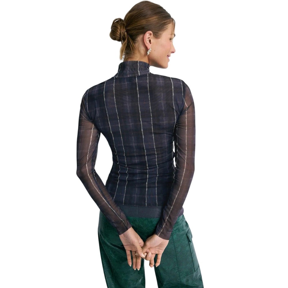 Baum Und Pferdgarten Jodi Plaid Mesh Top Mock Neck Sheer Long Sleeve Scandi S - Picture 2 of 15